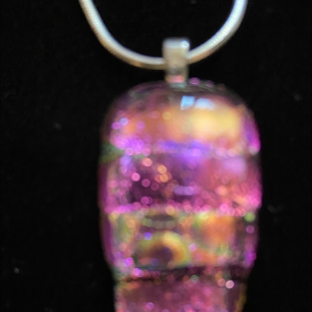 Silver necklace, pink purple yellow glass pendant.
